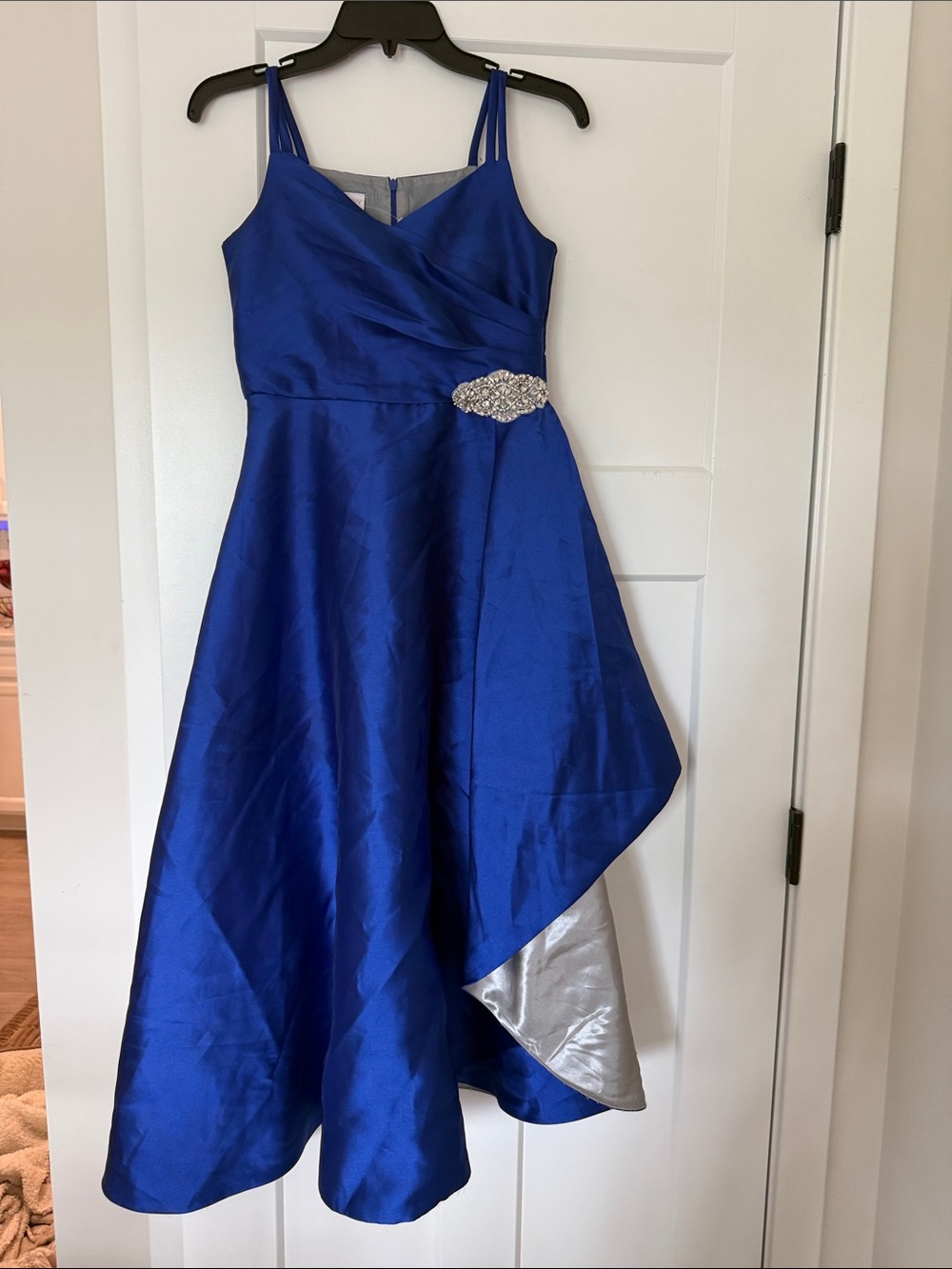Girls Cobalt Blue Satin Party Dress with Rhinestone Accent